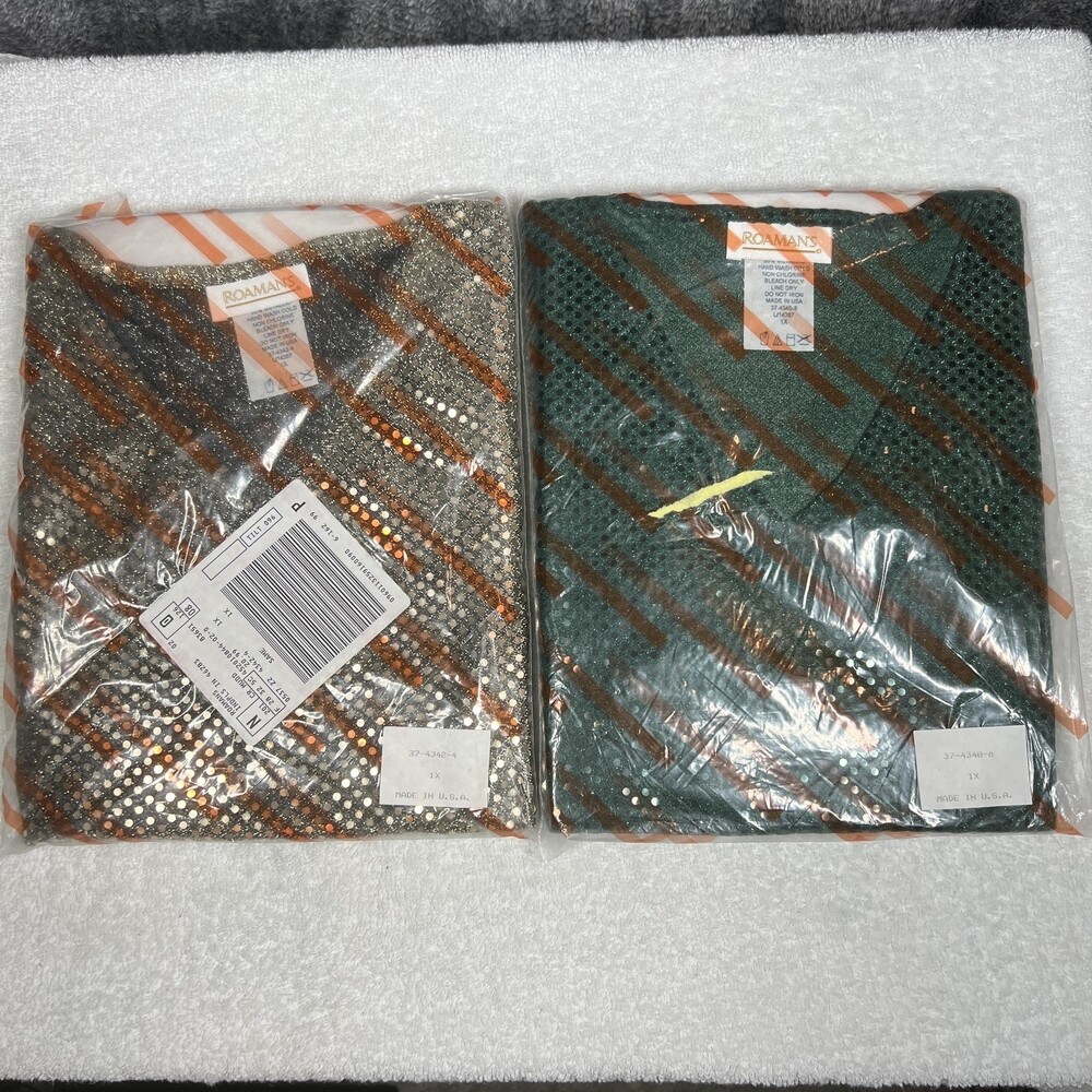 Roaman's Sweater Womens 1X Bundle Metallic Sequin V Neck Pullover Made USA Party